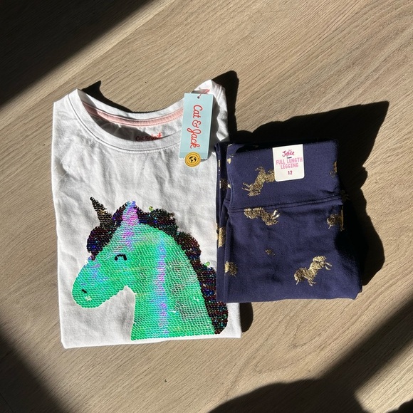 Justice Navy & Gold Unicorn Leggings /Cat & Jack unicorn sequins t-shirt bundle - Picture 7 of 10